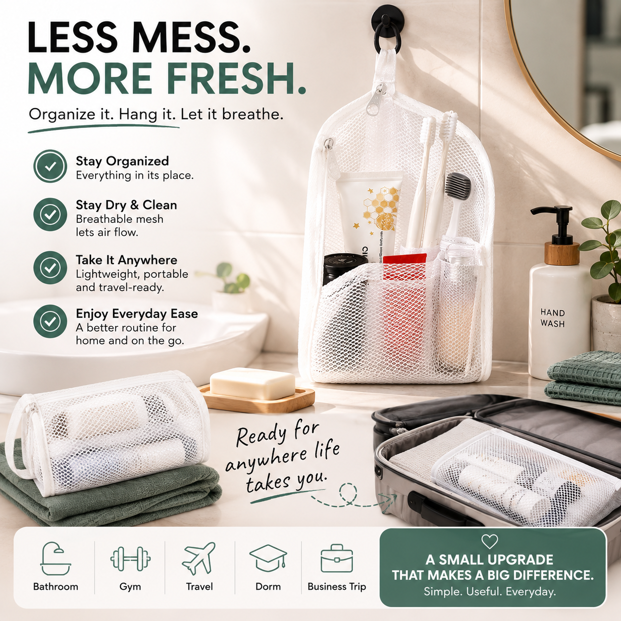 ๐งผ 2-Pack Portable Quick-Dry Mesh Toiletry Bags โ Hanging Travel Organizers with Toothbrush Slots