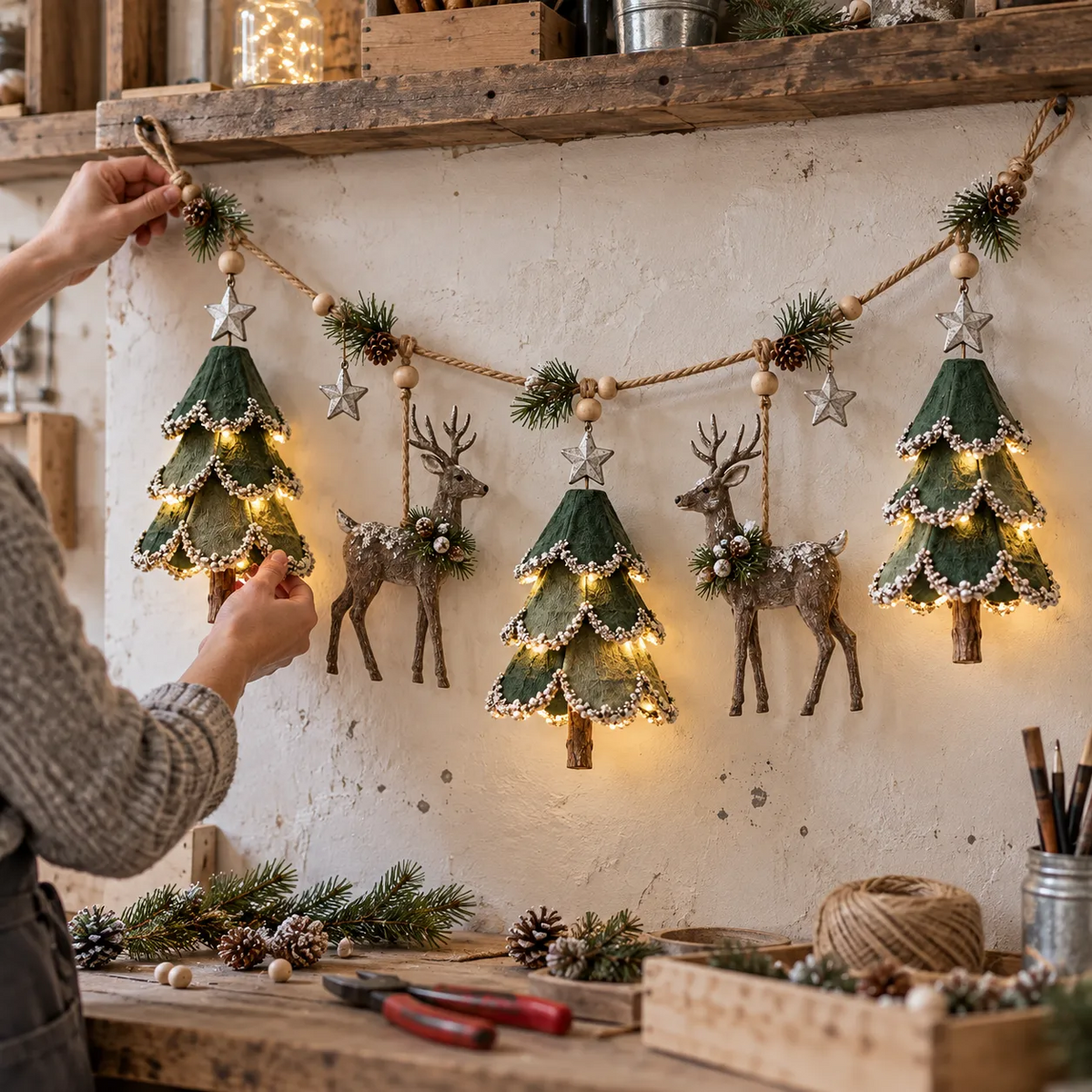 π Light-Up Woodland Christmas Garland β Handmade Deer & Tree Decor with Warm LED Glow β¨