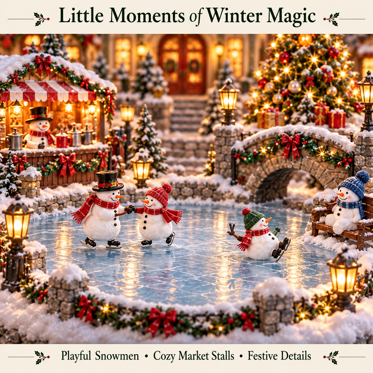Snowman Winter Village ββοΈ β Lighted Christmas Market Holiday Scene πβ¨