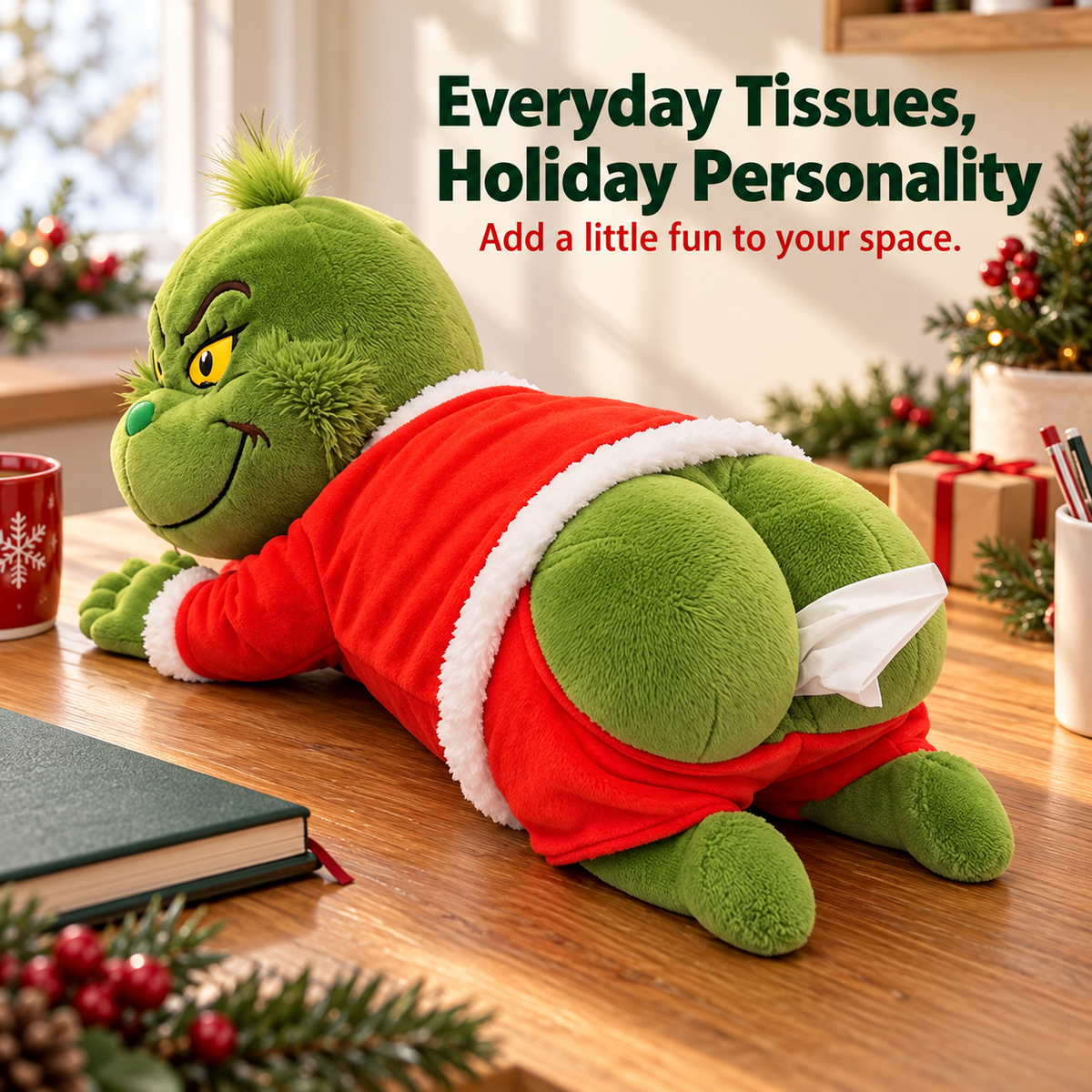 HOT SALE🎄 Grinch Plush Tissue Box Cover | Funny Christmas Grinch Tissue Holder, Festive Home Decor & Novelty Holiday Gift