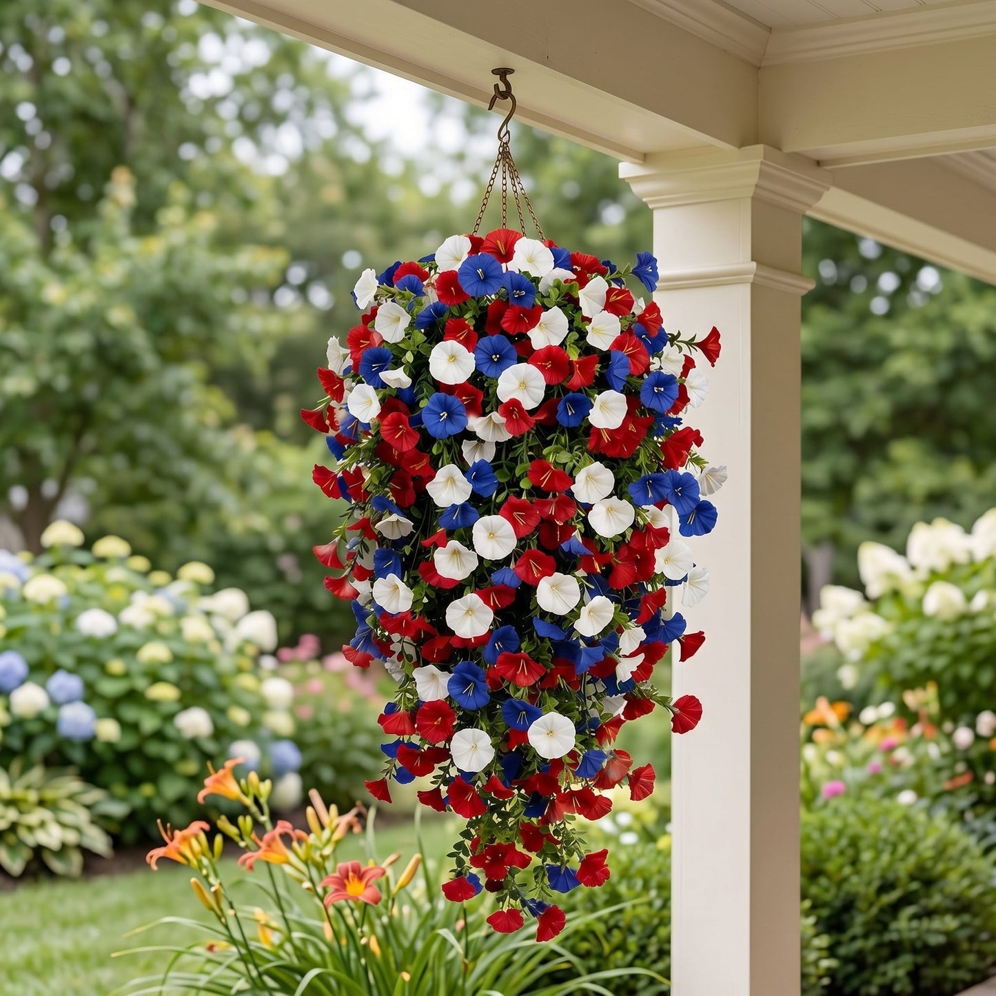🌺Red, White & Blue Artificial Morning Glory Hanging Vines – 3-Piece Set
