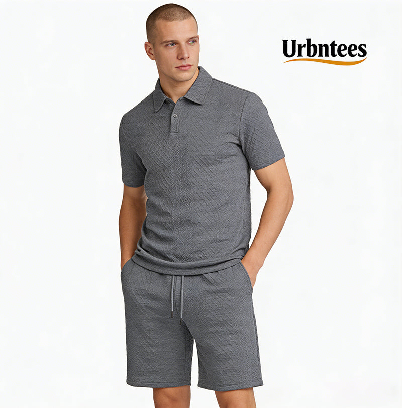 Men's Solid Polo Shirt & Drawstring Waist Shorts Set, Cozy Breathable Two-piece Outfits