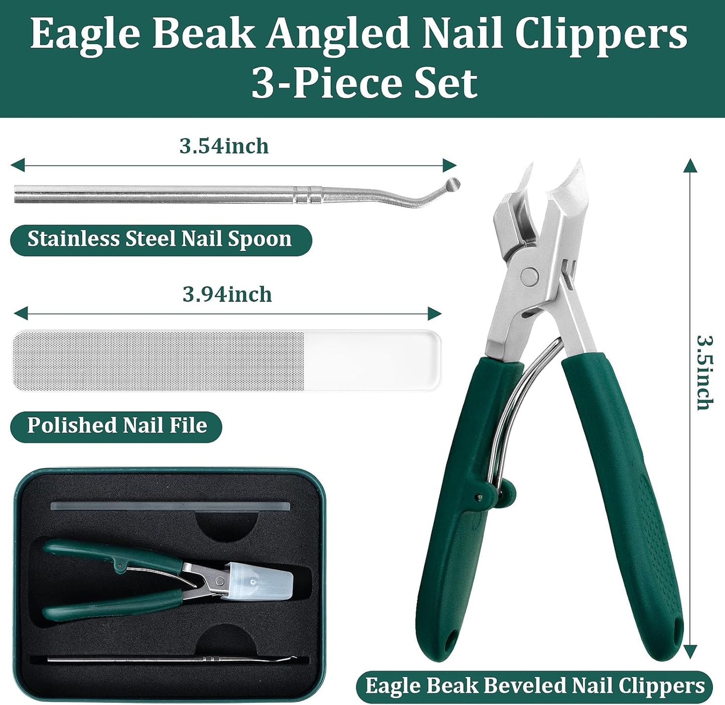 🦅 3Pcs Eagle-Beak Ingrown Toenail Clipper – Ultra Sharp, Precision 30° Curved Blade, Splash-Proof