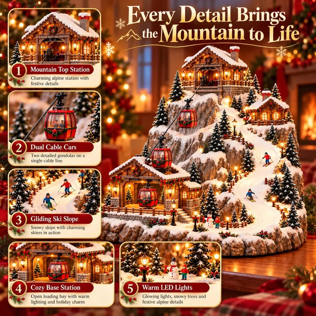 🔥Animated Christmas Mountain Cable Car & Ski Village Scene ✨