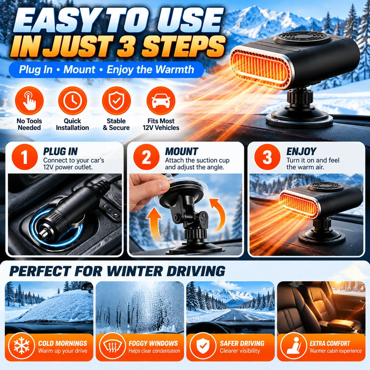 βοΈ 12V Portable Car Heater & Windshield Defogger β Adjustable Warm Air Fan