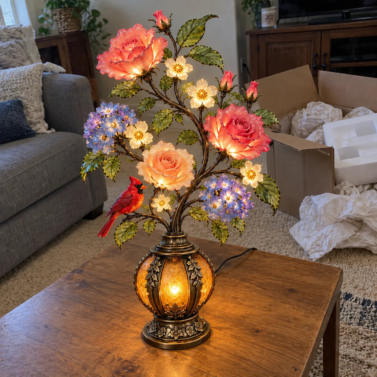 🌷🌹🌻 Eternal Bloom – Vintage Rose & Cardinal Table Lamp