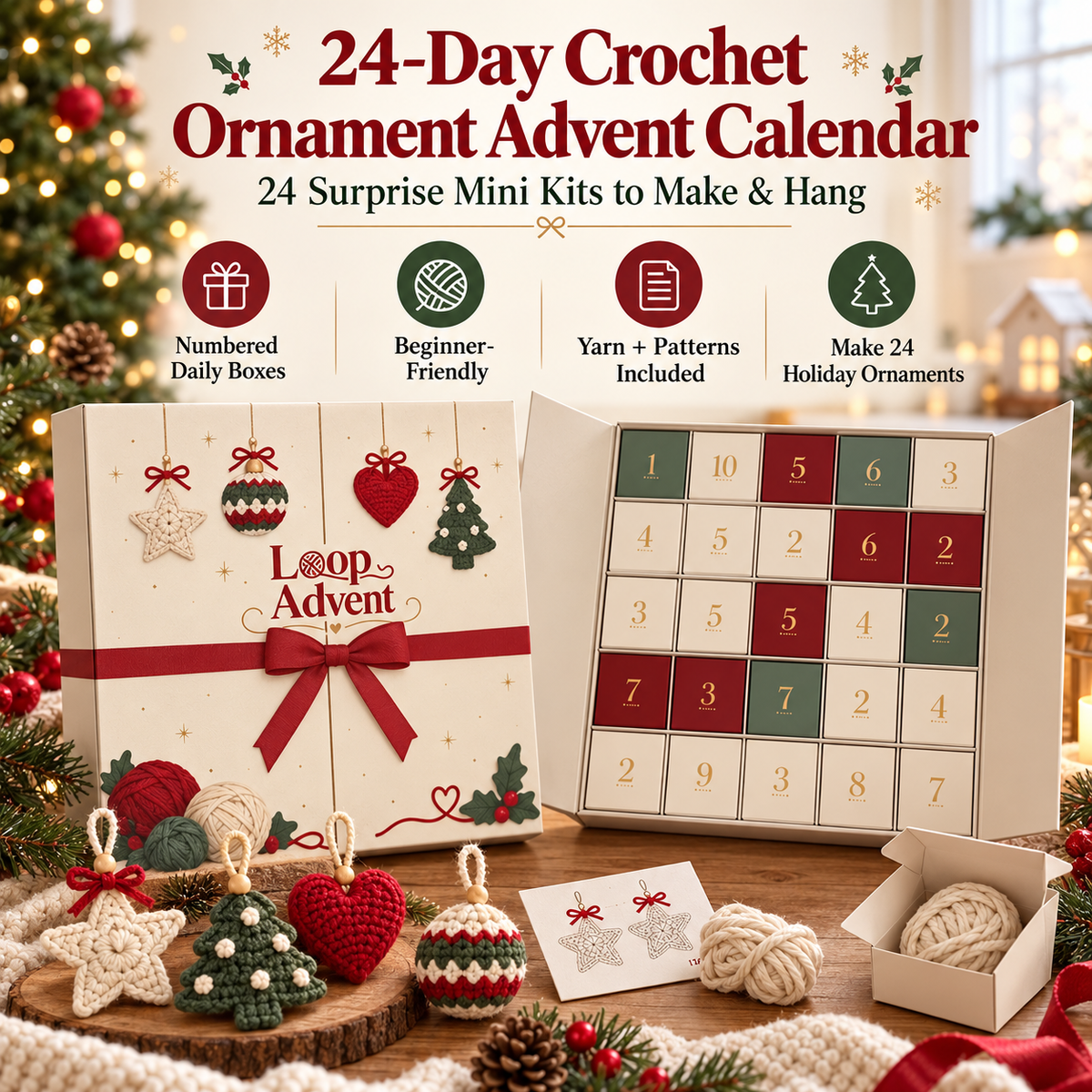 🎁🧶24-Day Crochet Christmas Advent Calendar™ – 24 Surprise DIY Ornament Kits to Make & Hang✨