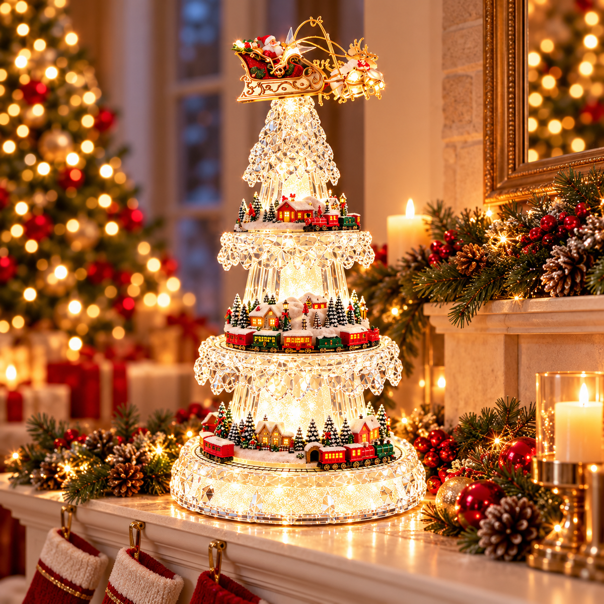 🔥 49% OFF 🎄 Magical Crystal Christmas Village Tree – Lighted Holiday Train & Santa Display ✨