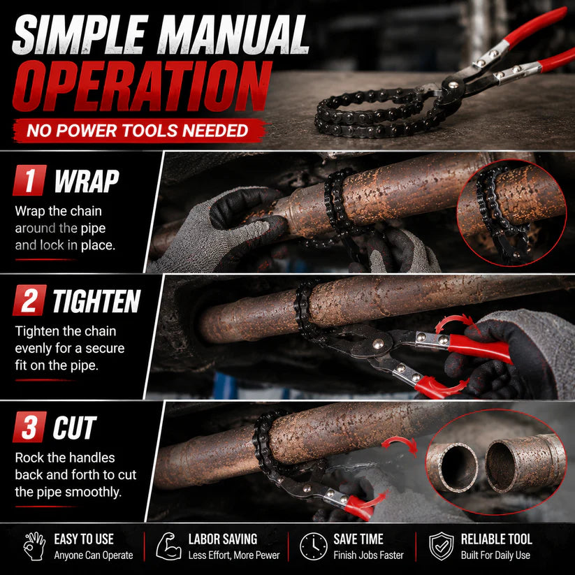 ✨ Chain Exhaust Pipe Cutter | Spark-Free 360° Manual Tube Cutting Tool