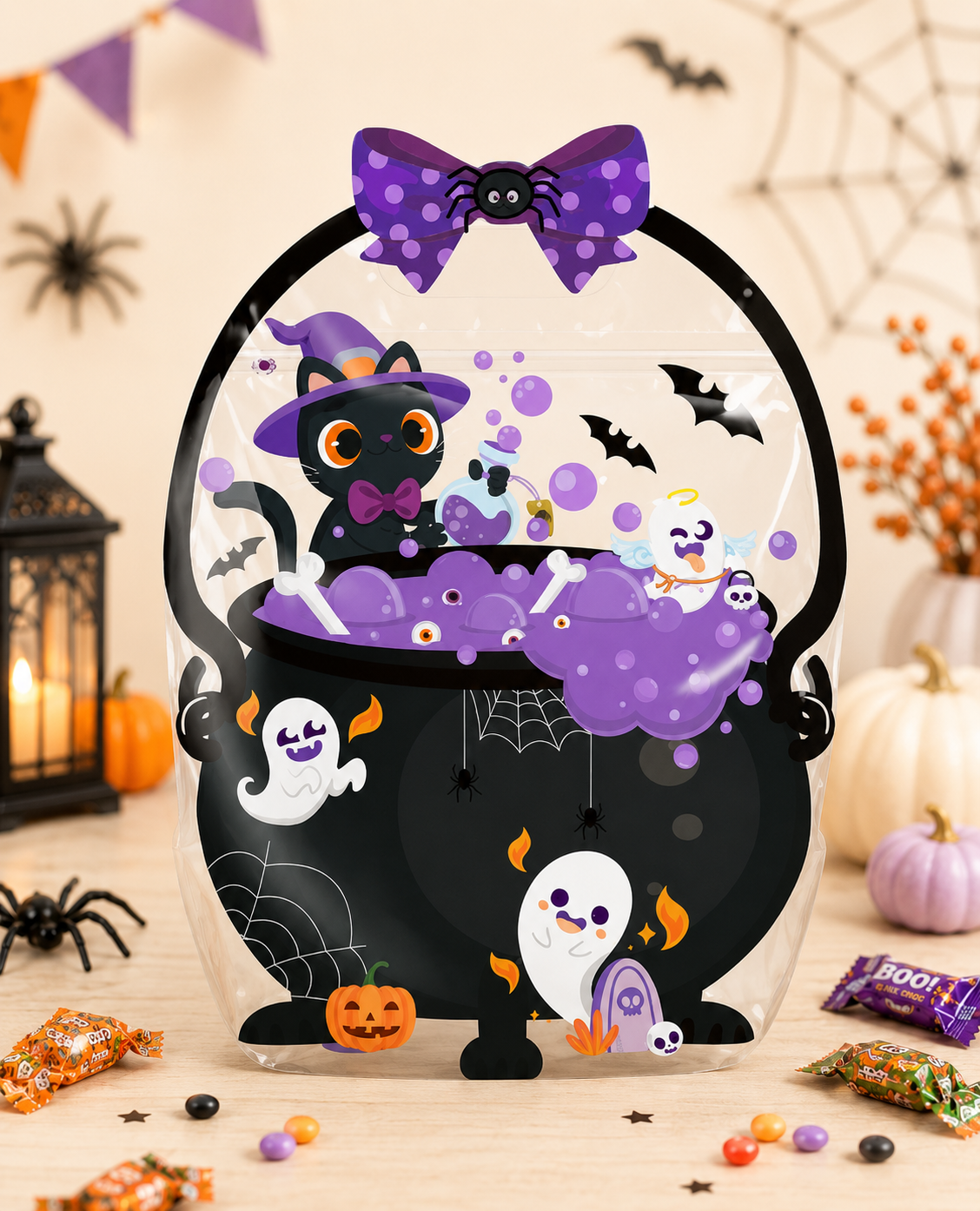 π50 Pcs Halloween Goodie Bags β Clear Cauldron Candy Favor Bags