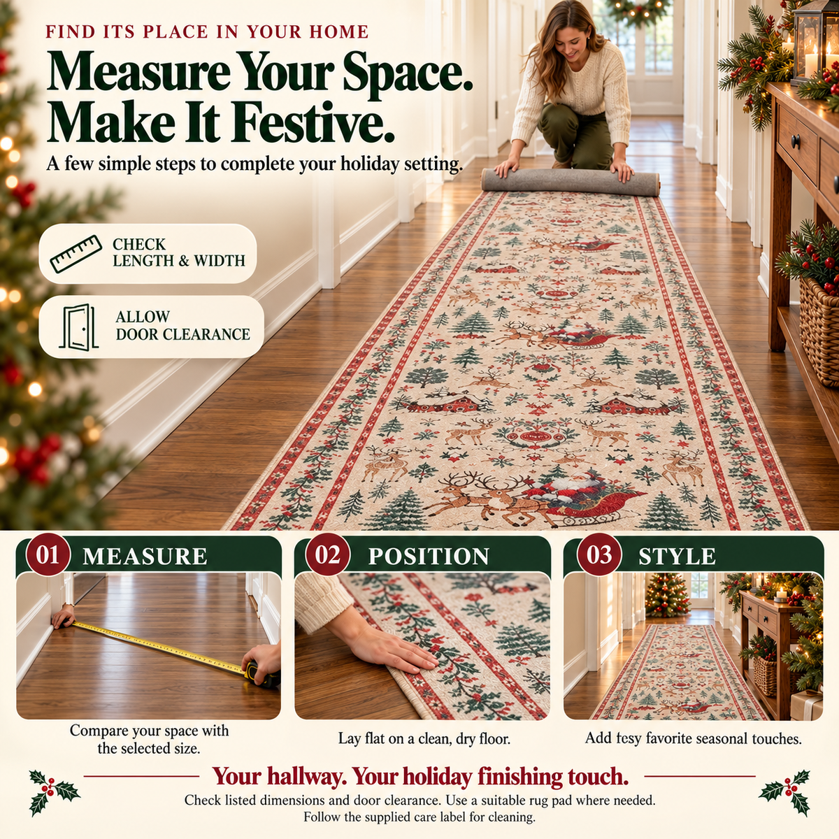 🔥LAST DAY 49% OFF -🎄Vintage Christmas Runner Rug – Santa, Reindeer & Timeless Holiday Charm