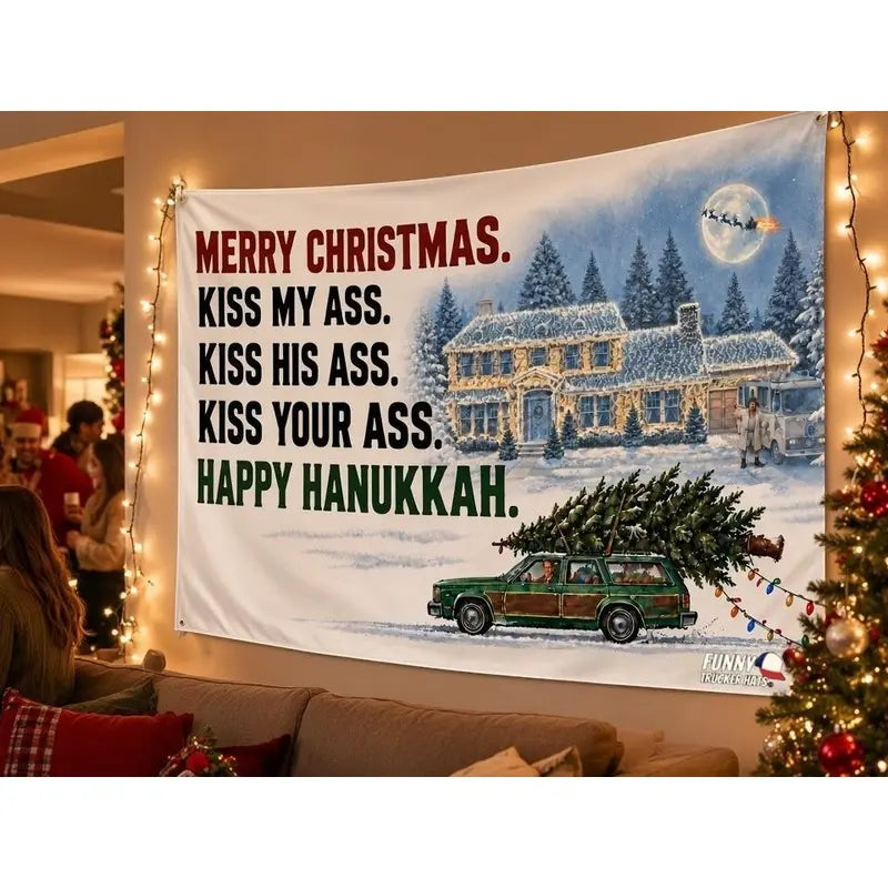 Funny Christmas Flag 3x5 FT – Merry Christmas Happy Hanukkah Holiday Quote Banner, Single-Sided with Metal Grommets, Snowy House RV Station Wagon Design, Xmas Porch Yard Garage Wall Decor, Holiday Party Decoration, Funny Gift for Adults, Winter Decor