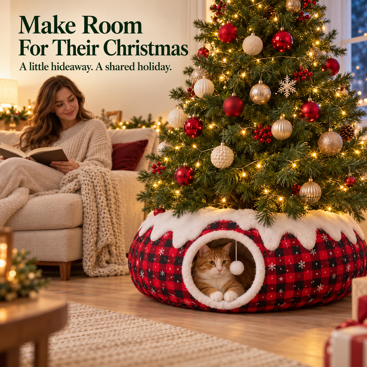 π Christmas Cat Tunnel & Tree Skirt | Festive Plaid Hideaway with Hanging Pompom