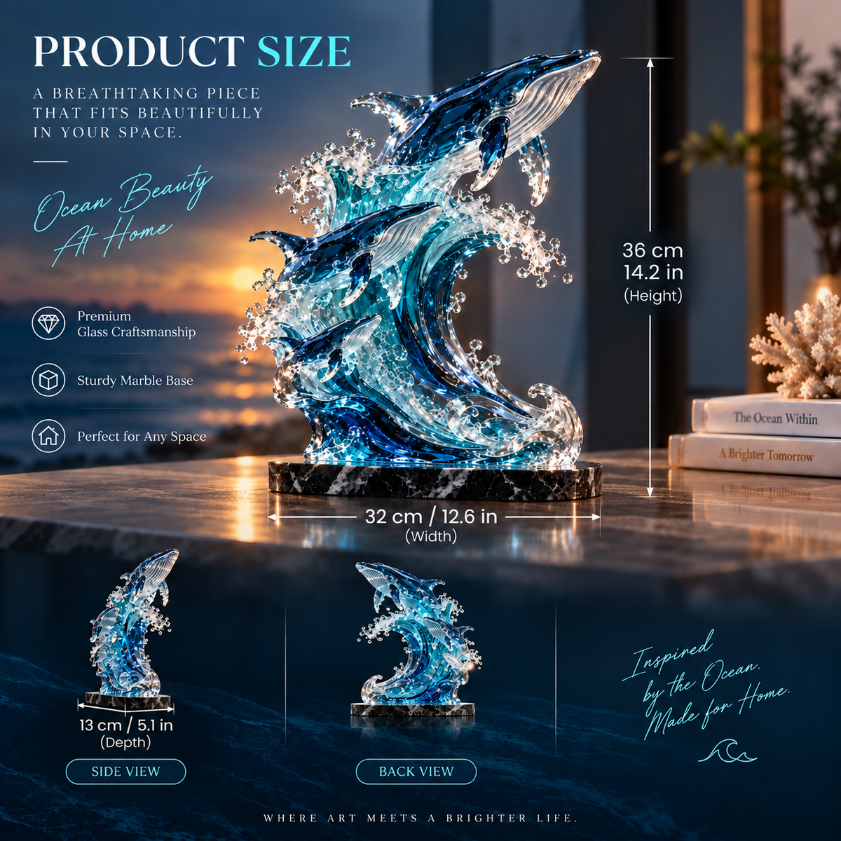 ππ Ocean Spirit Whale Sculpture β Three Whales Rising Through a Glass Wave