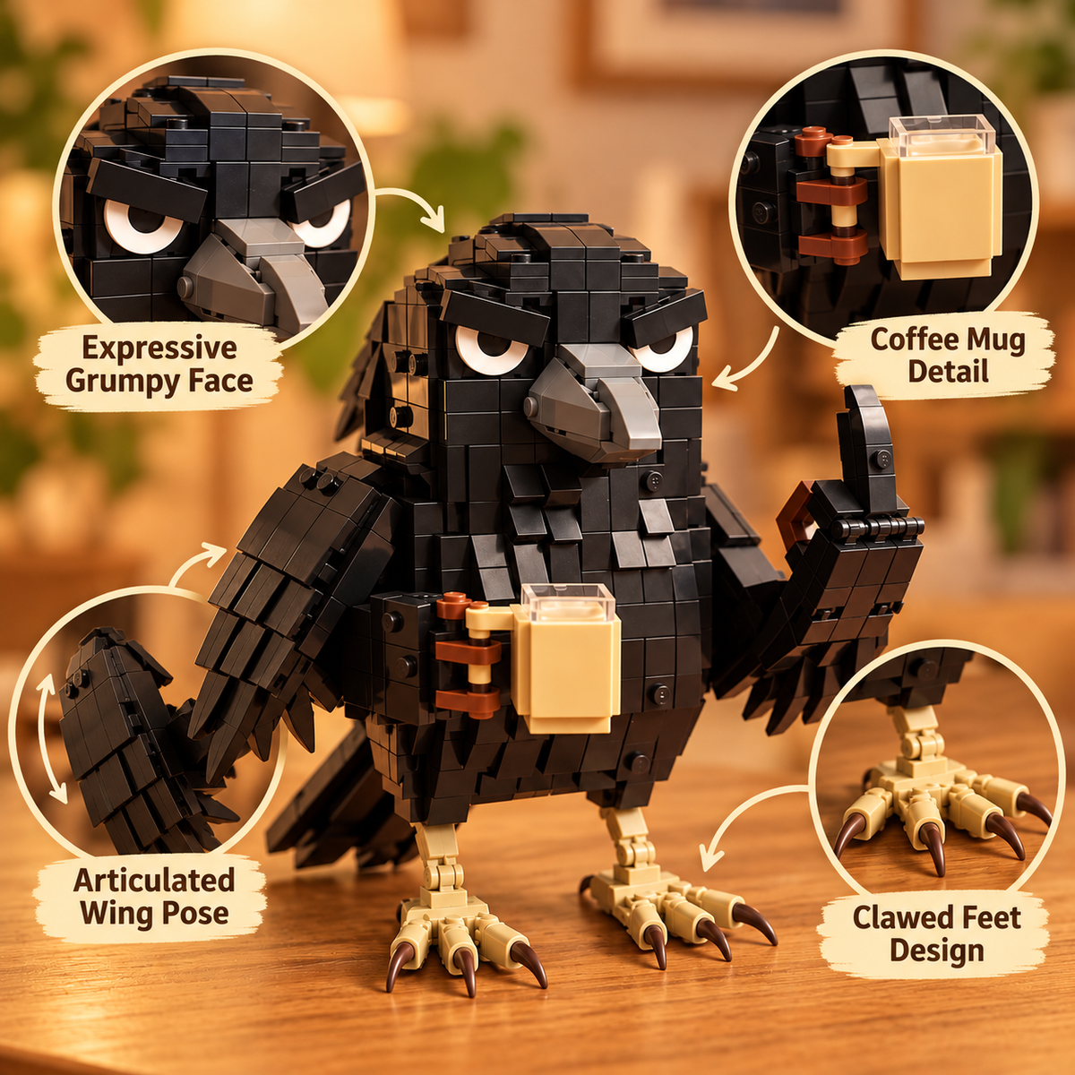 🐦 Grumpy Crow Building Block Set – Funny Coffee-Loving Desk Buddy ☕🧱