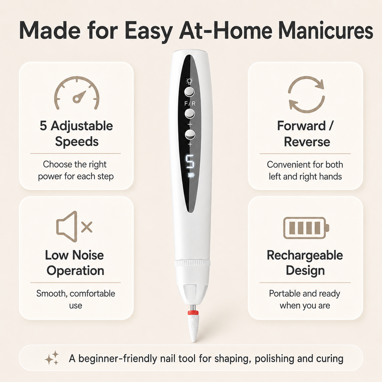 ✨ 3-in-1 Electric Nail Drill Pen with Nail Light & 5 Bits
