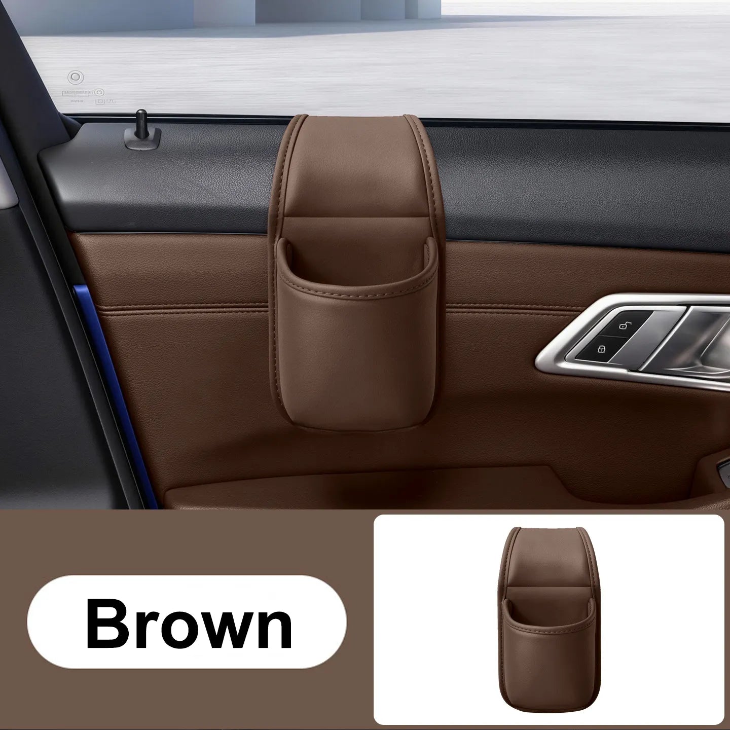Leather car door storage pocket - double-layer compartments