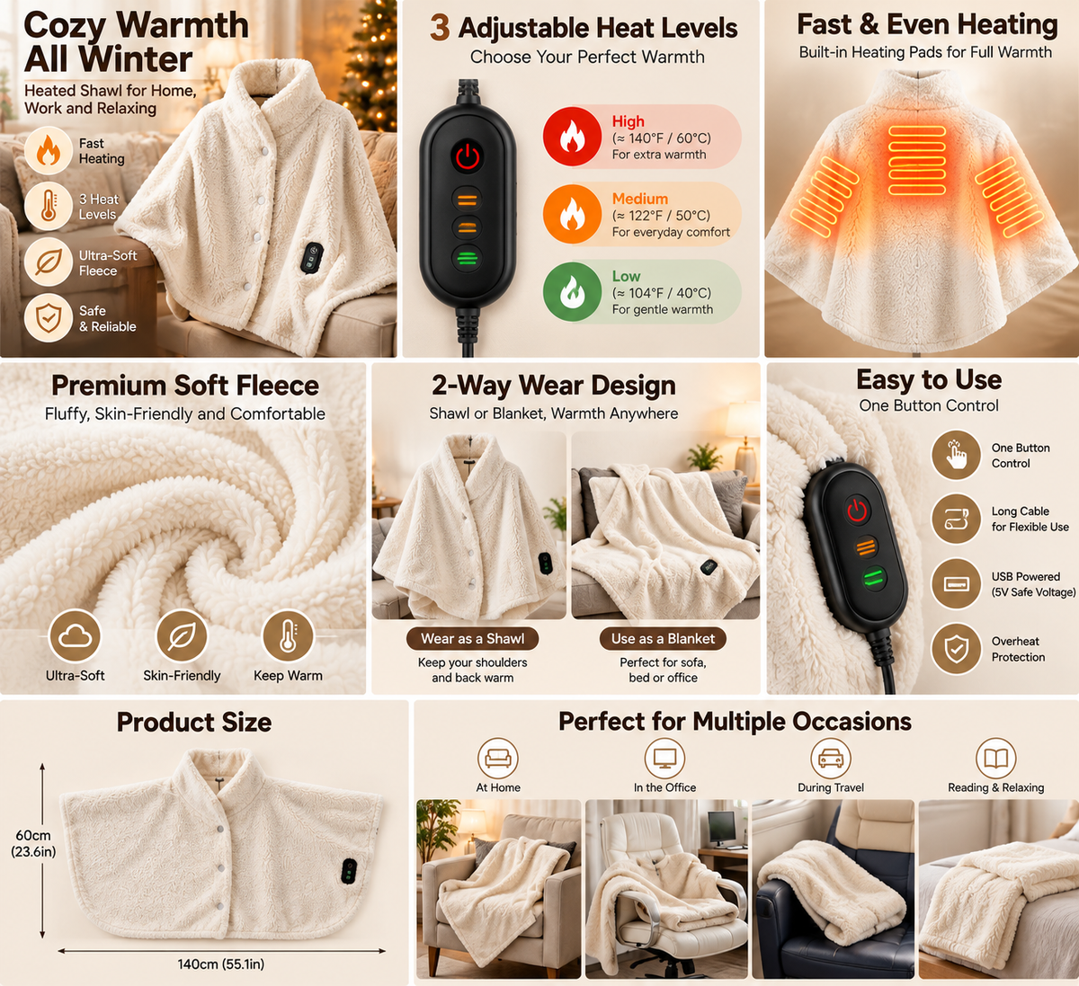 🔥 Wearable Heated Zip-Up Blanket – Ultra-Soft Cozy Winter Shawl