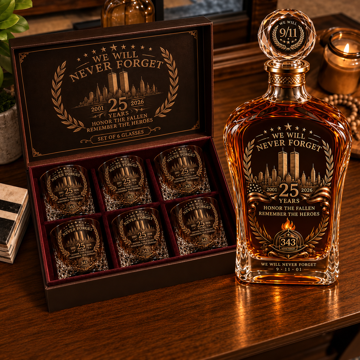 ๐ฏ๏ธ 9/11 25th Anniversary Memorial Whiskey Decanter & Glass Gift Set โ We Will Never Forget 343 Heroes Tribute