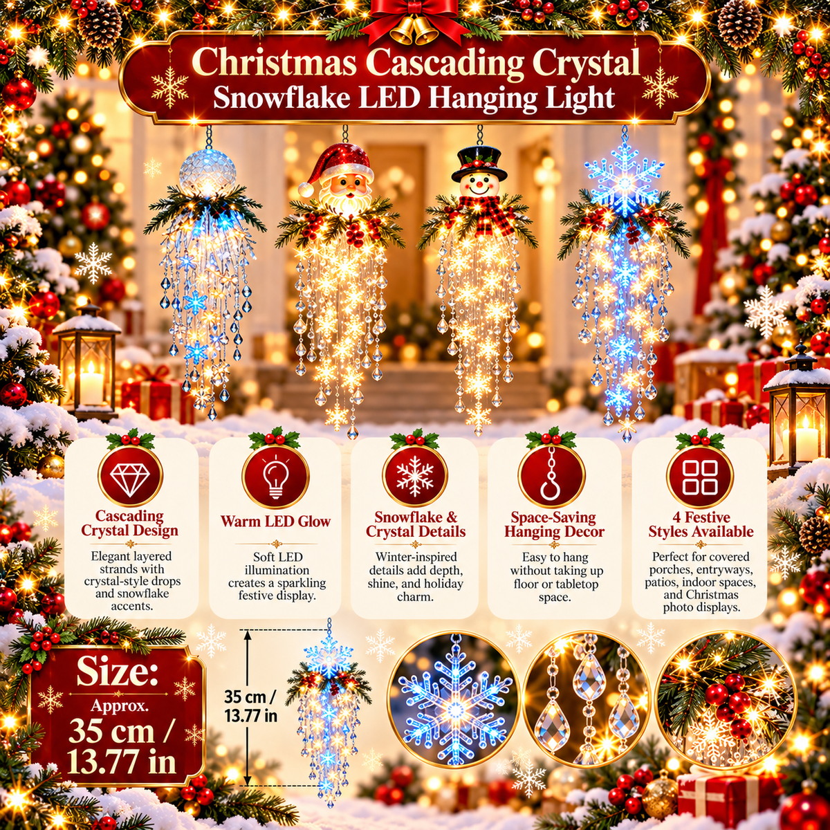 ❄️Christmas Snowflake LED Cascade Lights – Crystal Style Hanging Decor for Holiday