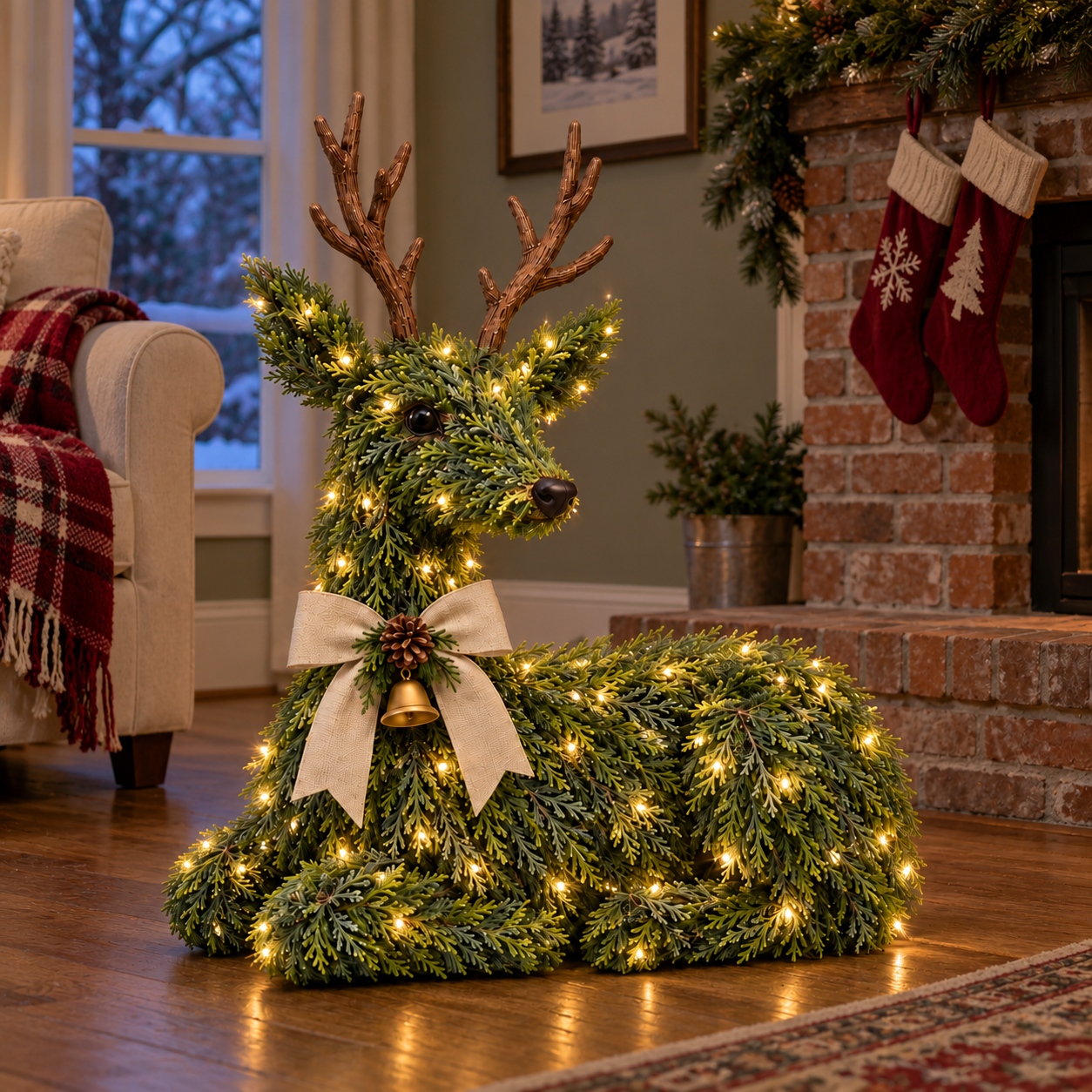 Lighted evergreen reindeer glowing indoors at Christmas