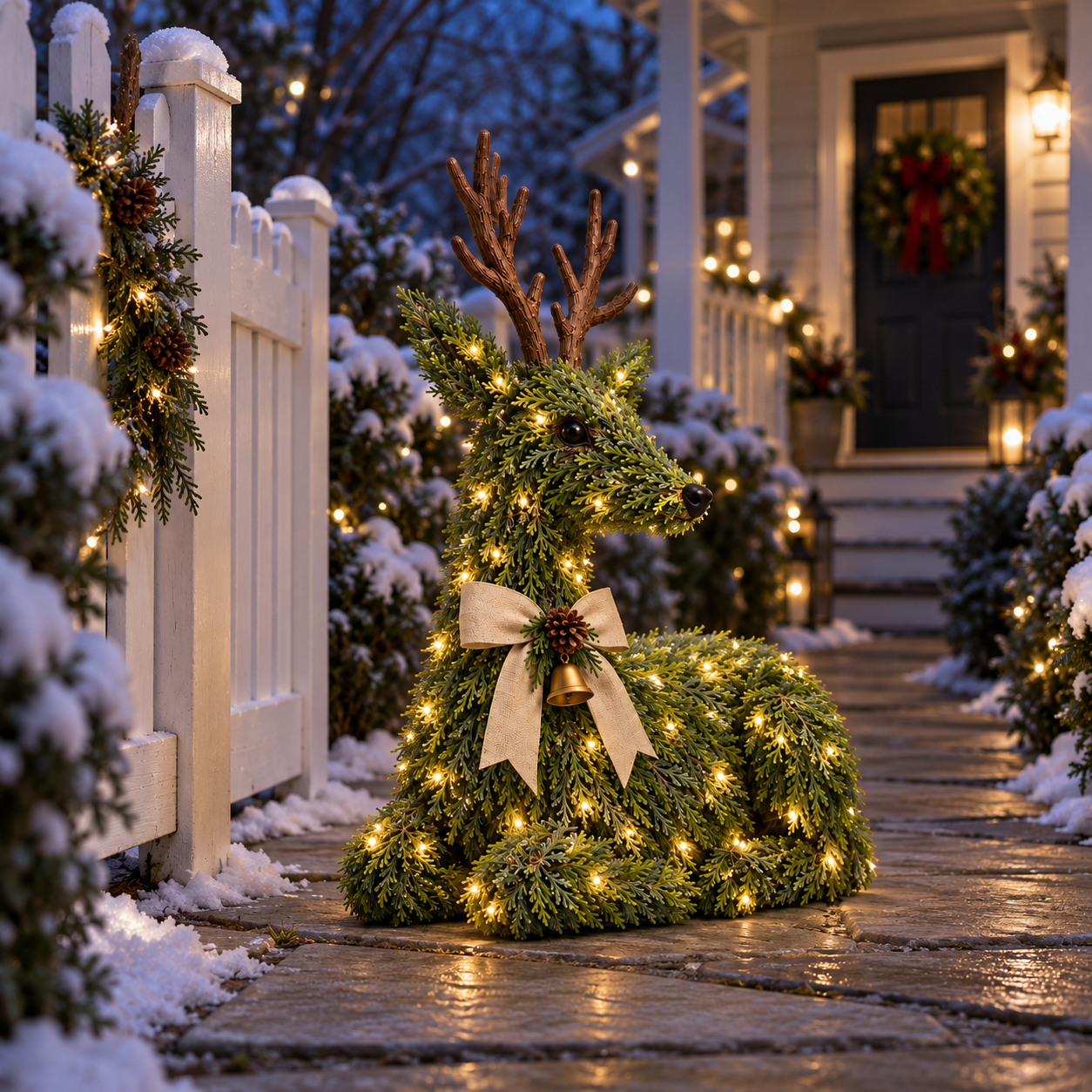 Lighted evergreen reindeer in a Christmas entryway
