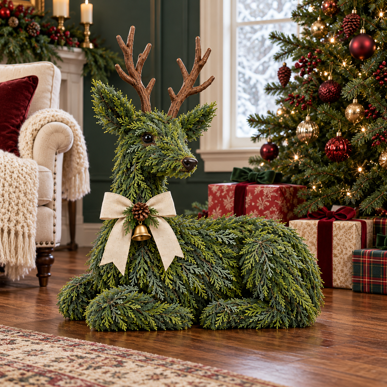 Evergreen reindeer beside a decorated Christmas tree