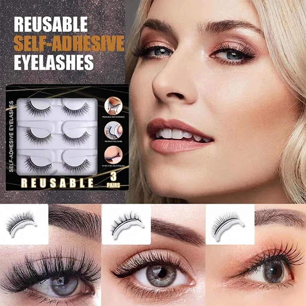 👁️Reusable Self-Adhesive False Eyelashes – 3-Pair Glue-Free Lash Set💕