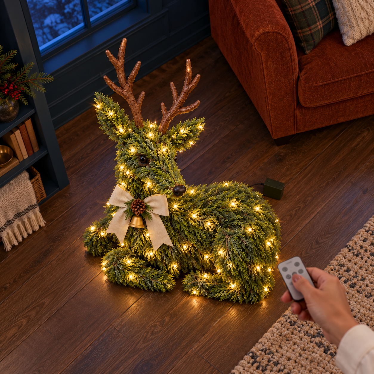 Remote control being used with lighted evergreen reindeer