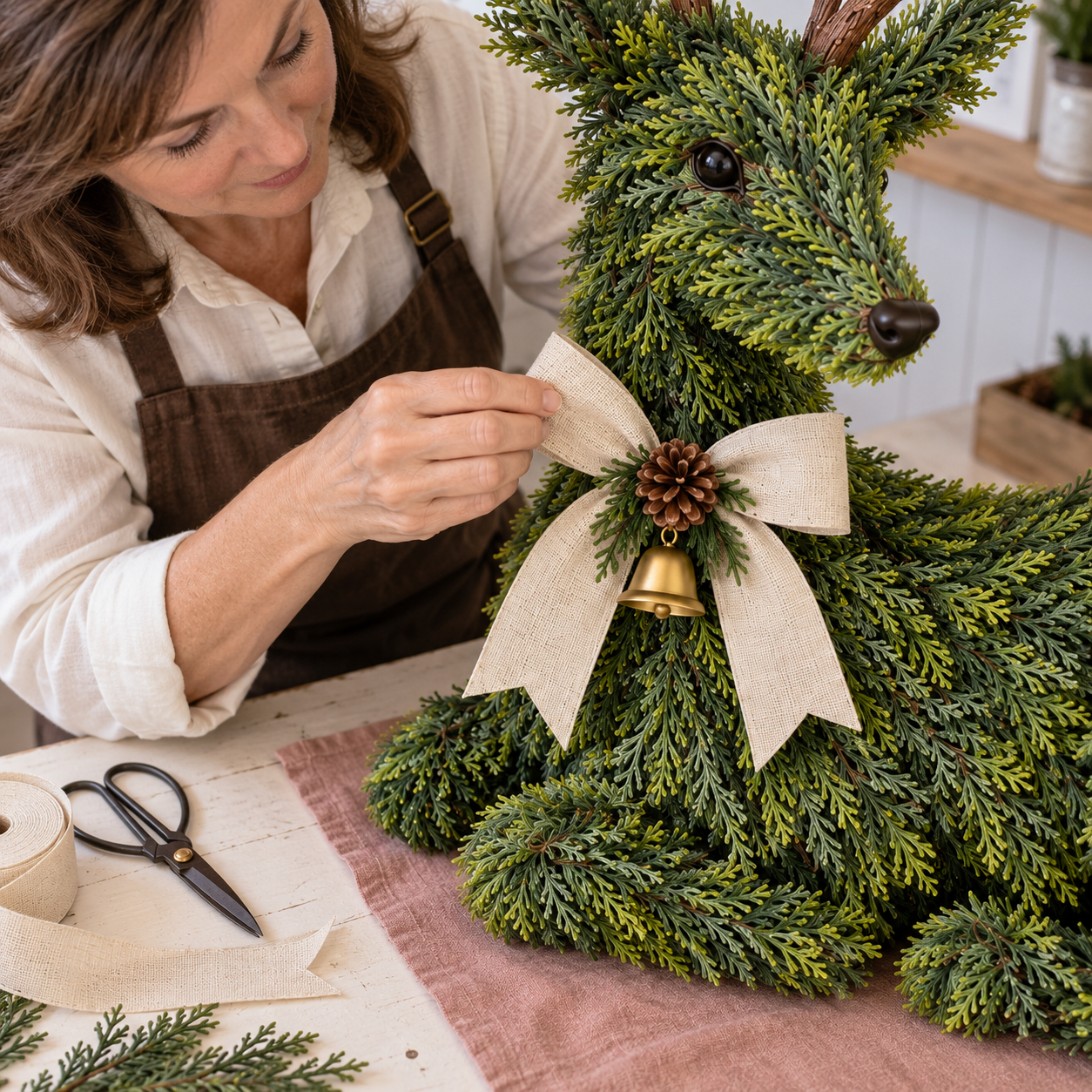 Close-up details of evergreen reindeer bow pinecone and bell