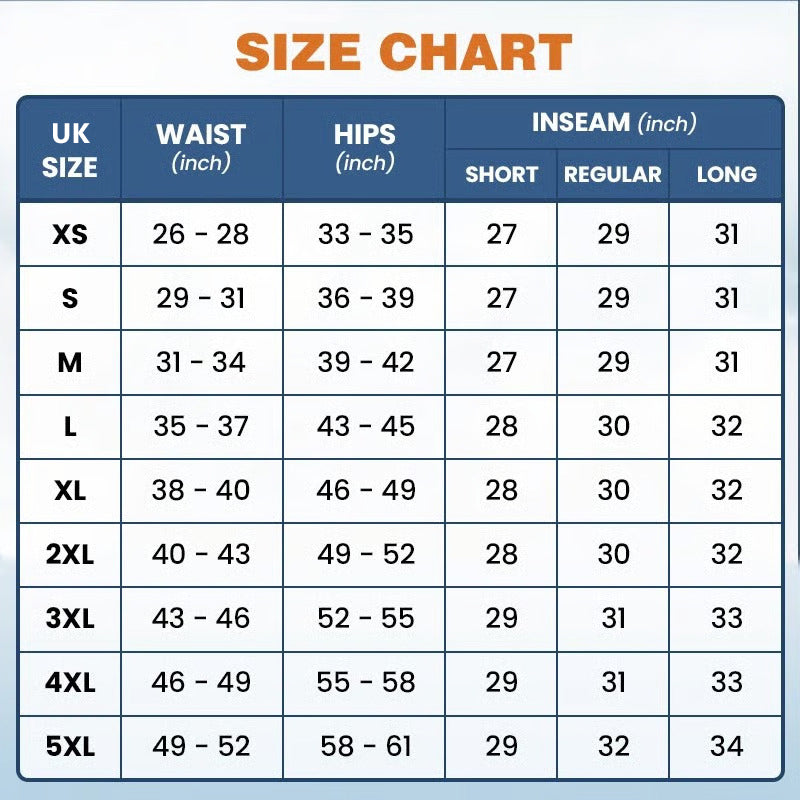 MultiPants size chart in inches