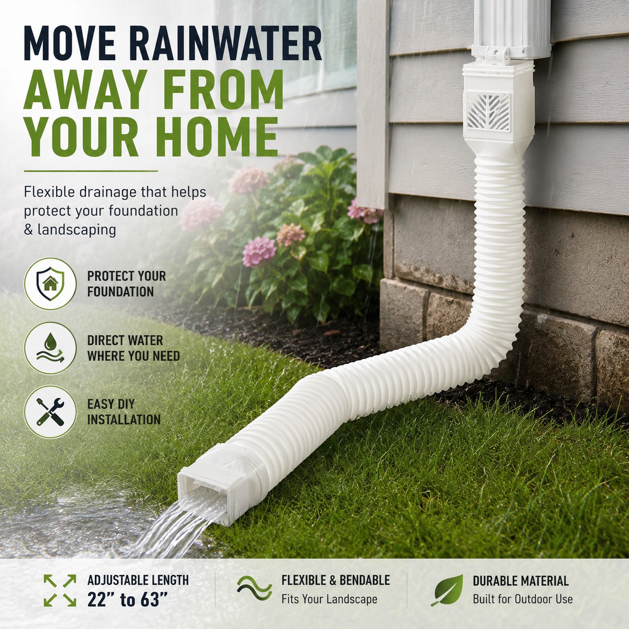 🏡 Flexible Rain Gutter Downspout Extension Kit  – Adjustable 22"-63" Drain Pipe with Leaf Filter for Foundation Protection