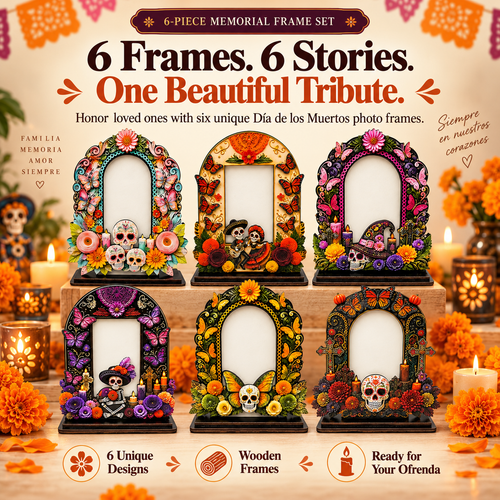 Day of the Dead Memorial Photo Frame Set – 6 Colorful Wooden Ofrenda Frames