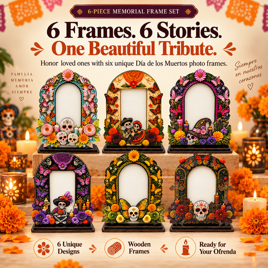 Day of the Dead Memorial Photo Frame Set – 6 Colorful Wooden Ofrenda Frames