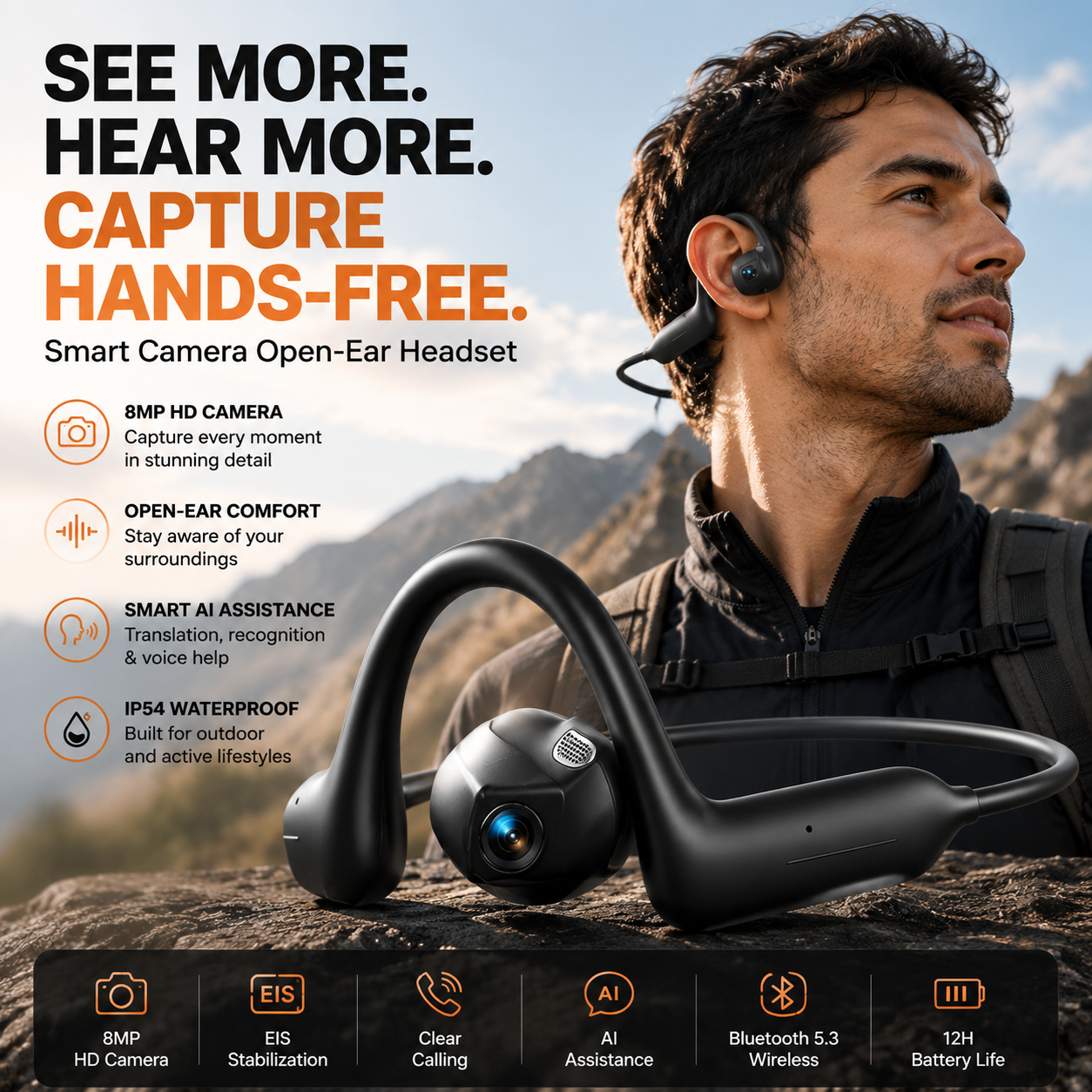 👂8MP Smart Camera Open-Ear Headset – EIS Video, AI Assistance & 12H Battery