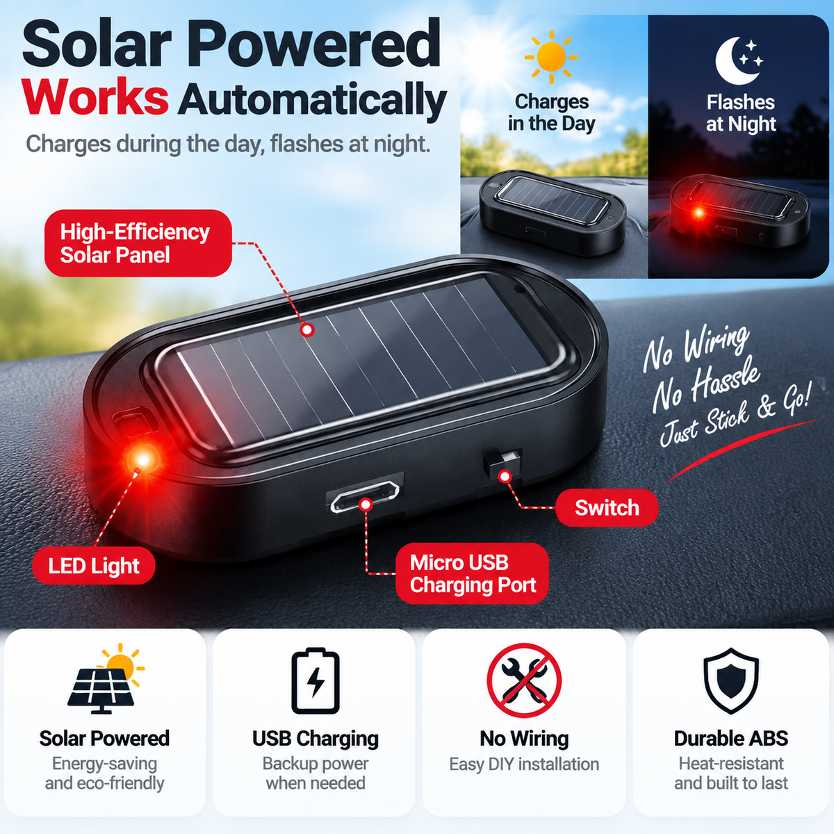 🔥 50% OFF TODAY | Solar Powered Car Alarm Light - Wireless LED Vehicle Security Indicator
