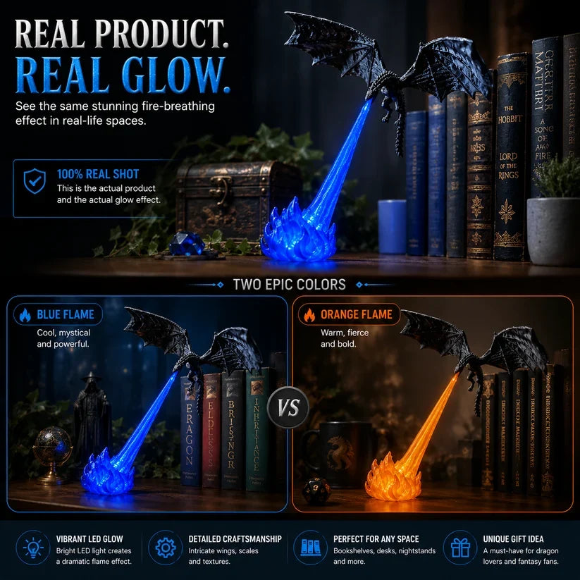 🐉 Dragon Bookshelf Lamp – Fire-Breathing LED Night Light, 3D Fantasy Shelf Decor