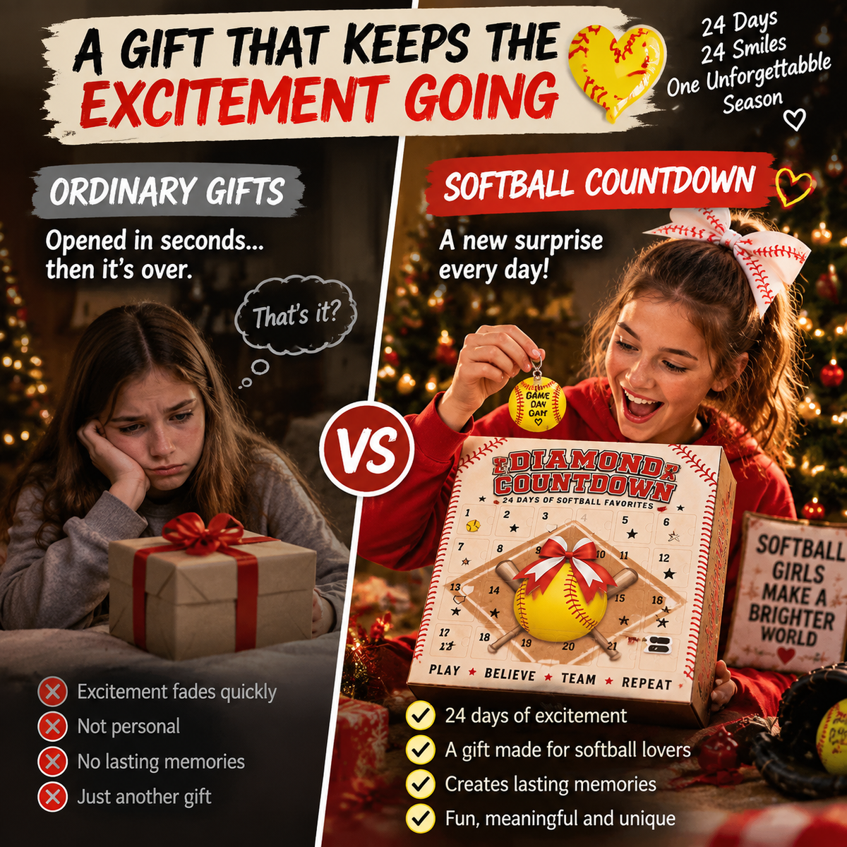 🥎 Softball Advent Calendar – 24-Day Christmas Countdown Gift for Girls, Players & Teammates