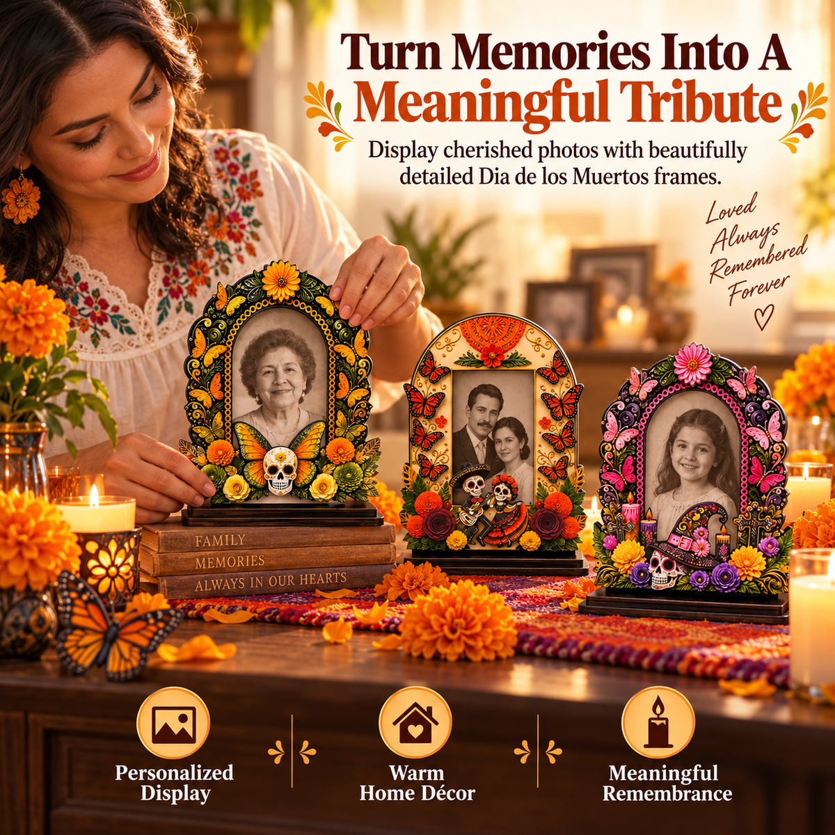 Day of the Dead Memorial Photo Frame Set – 6 Colorful Wooden Ofrenda Frames