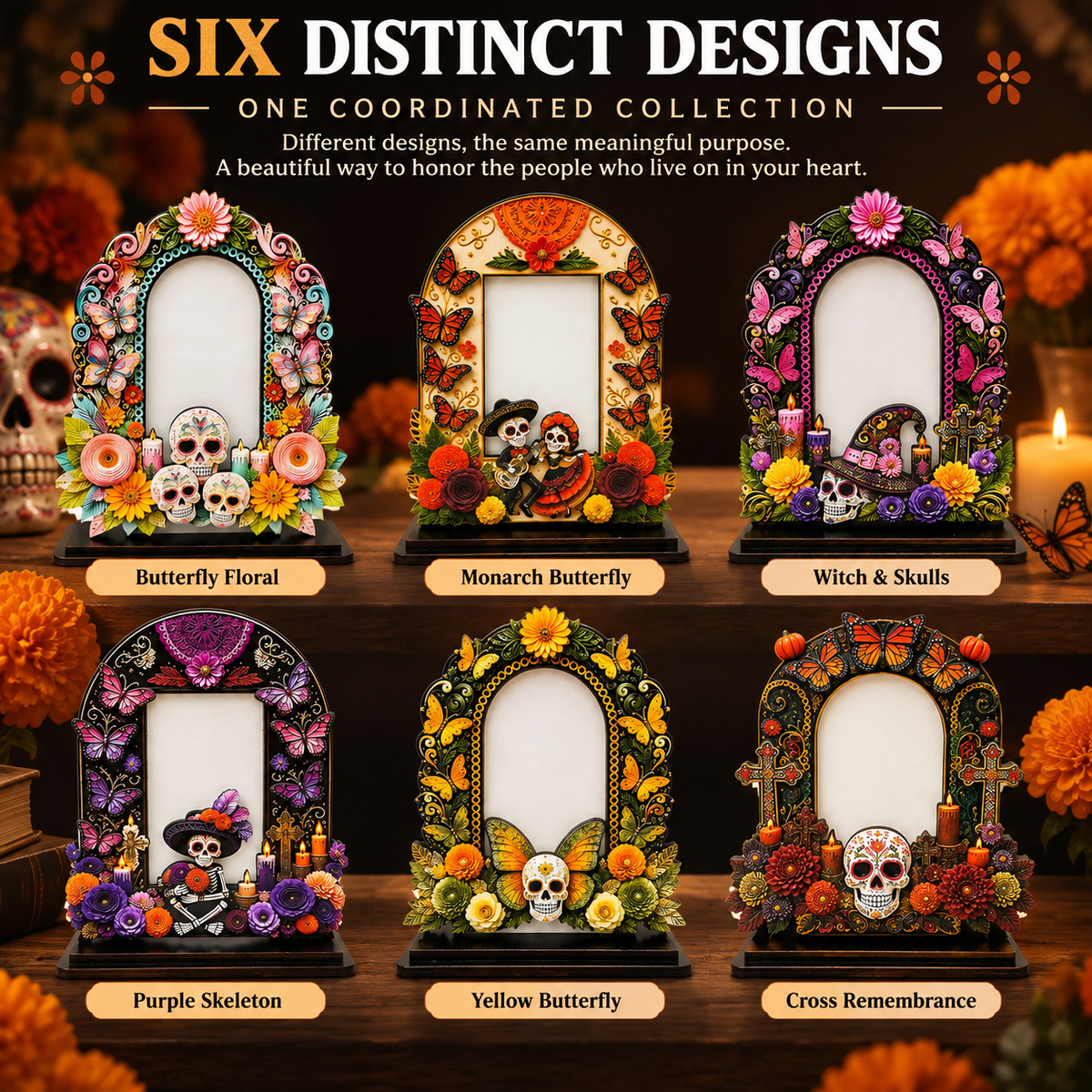 Day of the Dead Memorial Photo Frame Set – 6 Colorful Wooden Ofrenda Frames
