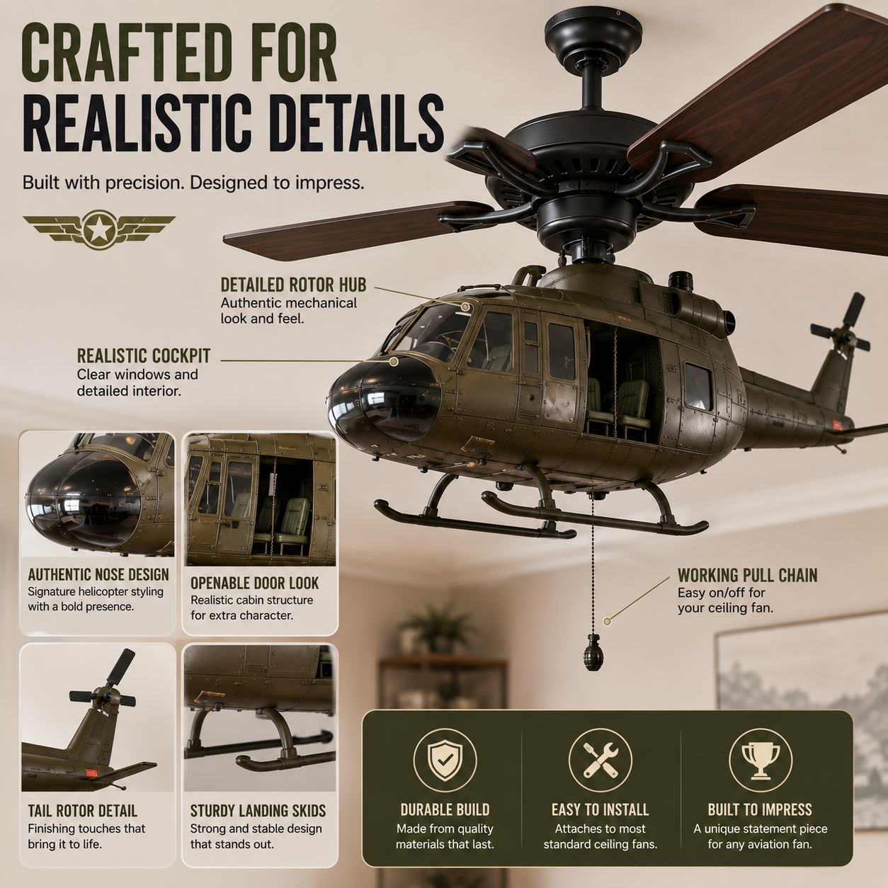 🛩️ Military Helicopter Ceiling Fan Decor – Realistic Hanging Ornament for Man Cave & Home