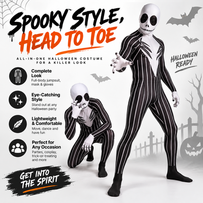 🎃 Full-Body Striped Skeleton Halloween Costume – Spooky Stretch Jumpsuit for Parties & Cosplay