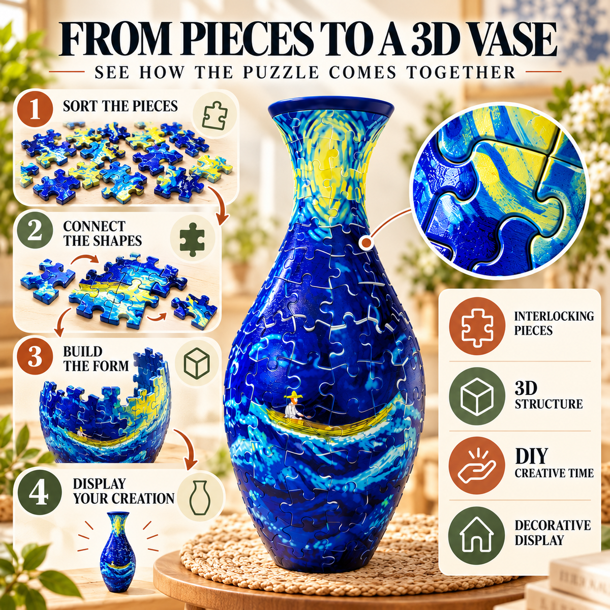✨🧩 3D DIY Puzzle Vase – 11 Creative Designs, Decorative Flower Vase & Craft Gift✨