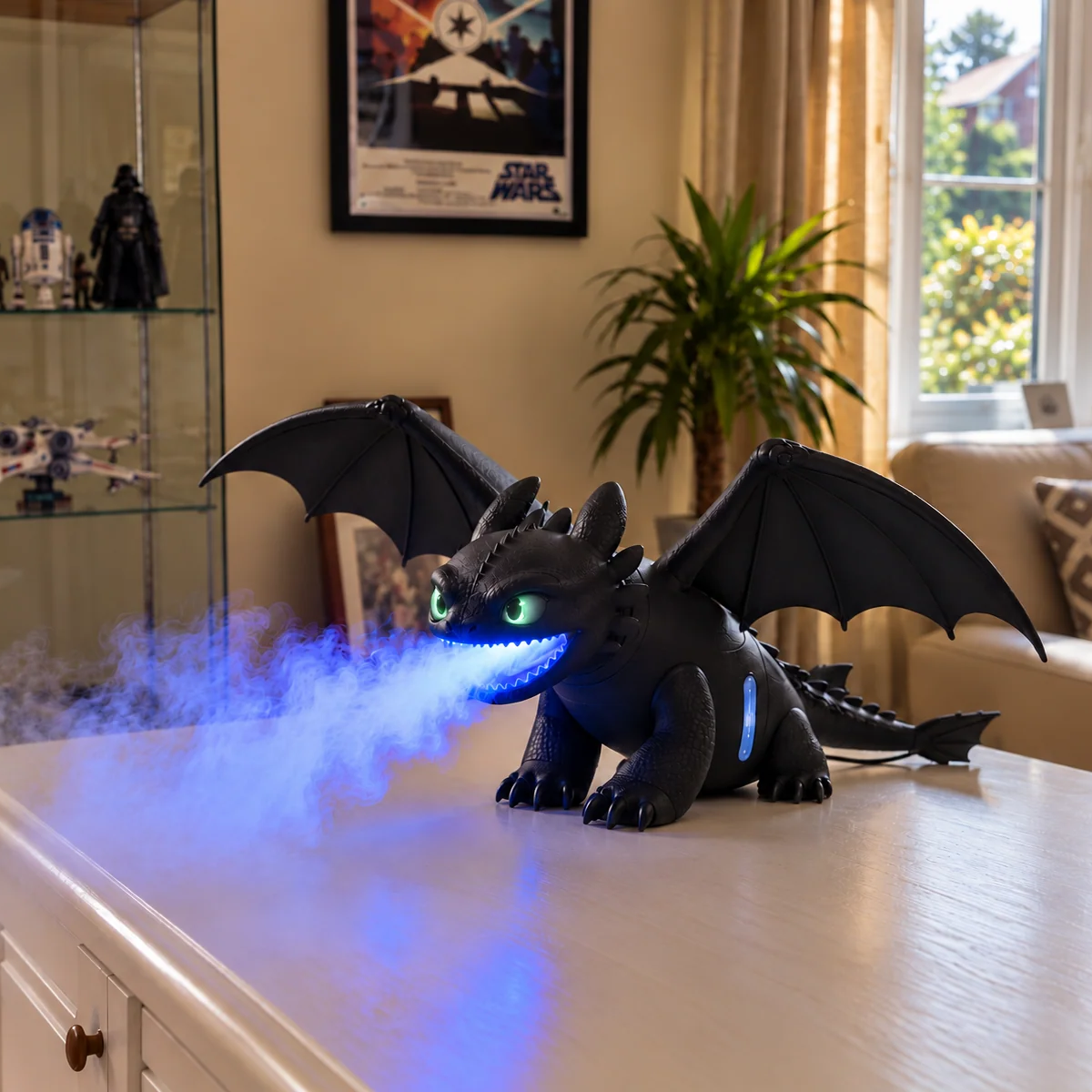 Black dragon humidifier producing illuminated blue cool mist