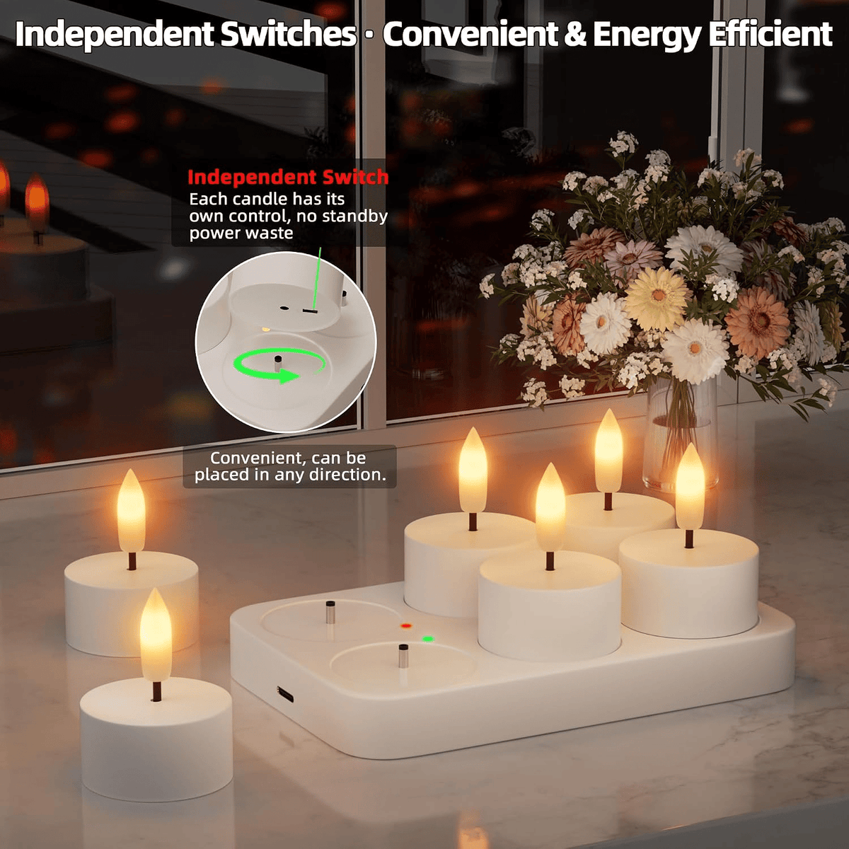🕯️Rechargeable Flameless LED Tea Lights, Charging Station & Remote Included, Flickering Fake Candles, Safe No Flame Candle for Home, Wedding, Festival & Emergency Lighting