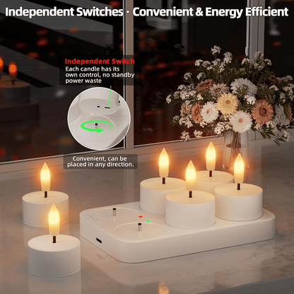 🕯️Rechargeable Flameless LED Tea Lights, Charging Station & Remote Included, Flickering Fake Candles, Safe No Flame Candle for Home, Wedding, Festival & Emergency Lighting