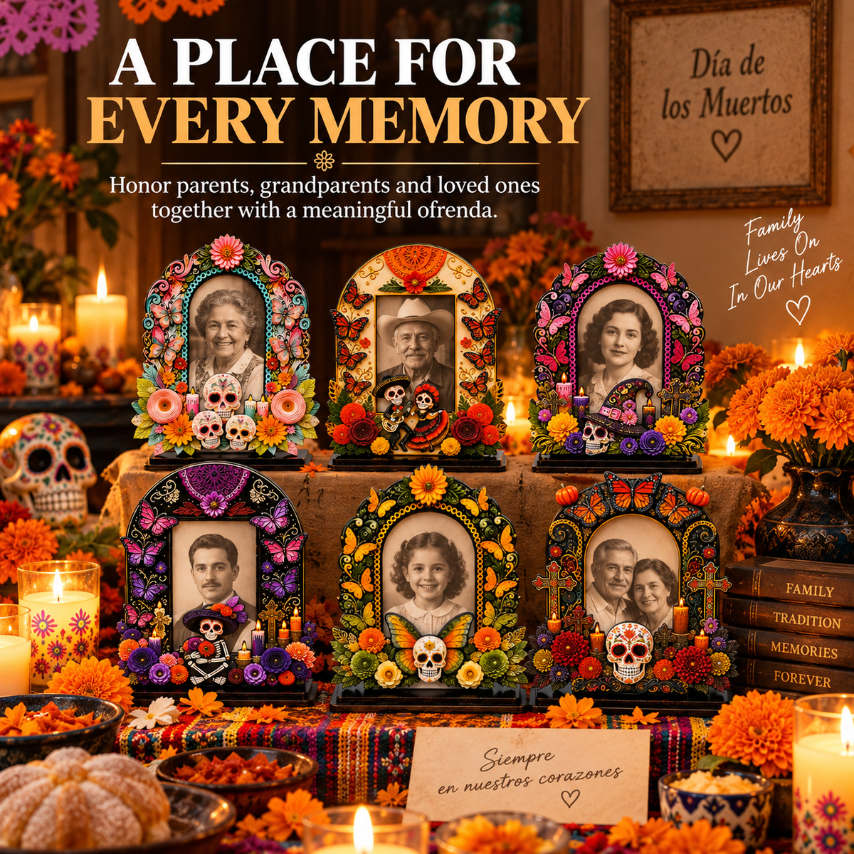 Day of the Dead Memorial Photo Frame Set – 6 Colorful Wooden Ofrenda Frames
