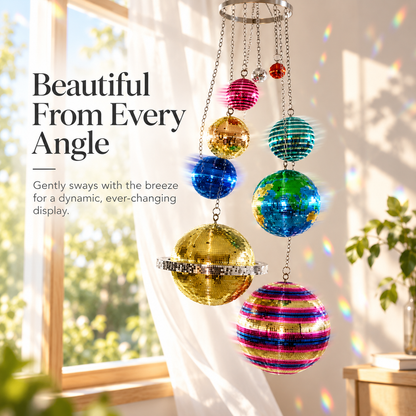 🌈 Solar System Disco Ball Hanging Mobile – Colorful Reflective Celestial Room Decor