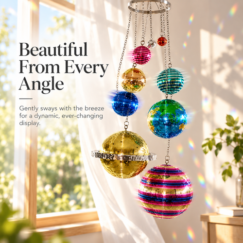 🌈 Solar System Disco Ball Hanging Mobile – Colorful Reflective Celestial Room Decor