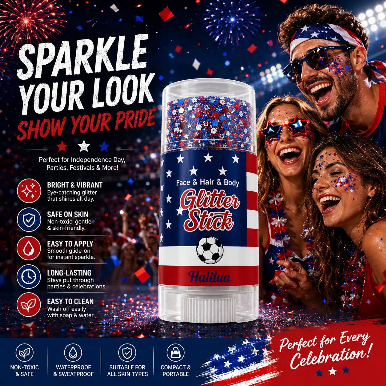 3-in-1 Patriotic Glow😍✨Red, White & Blue Glitter Body Stick